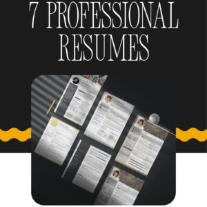 “Set of 7 professional resume templates with 3 cover letters, editable in Canva, ATS-friendly modern CV designs displayed on dark background.”