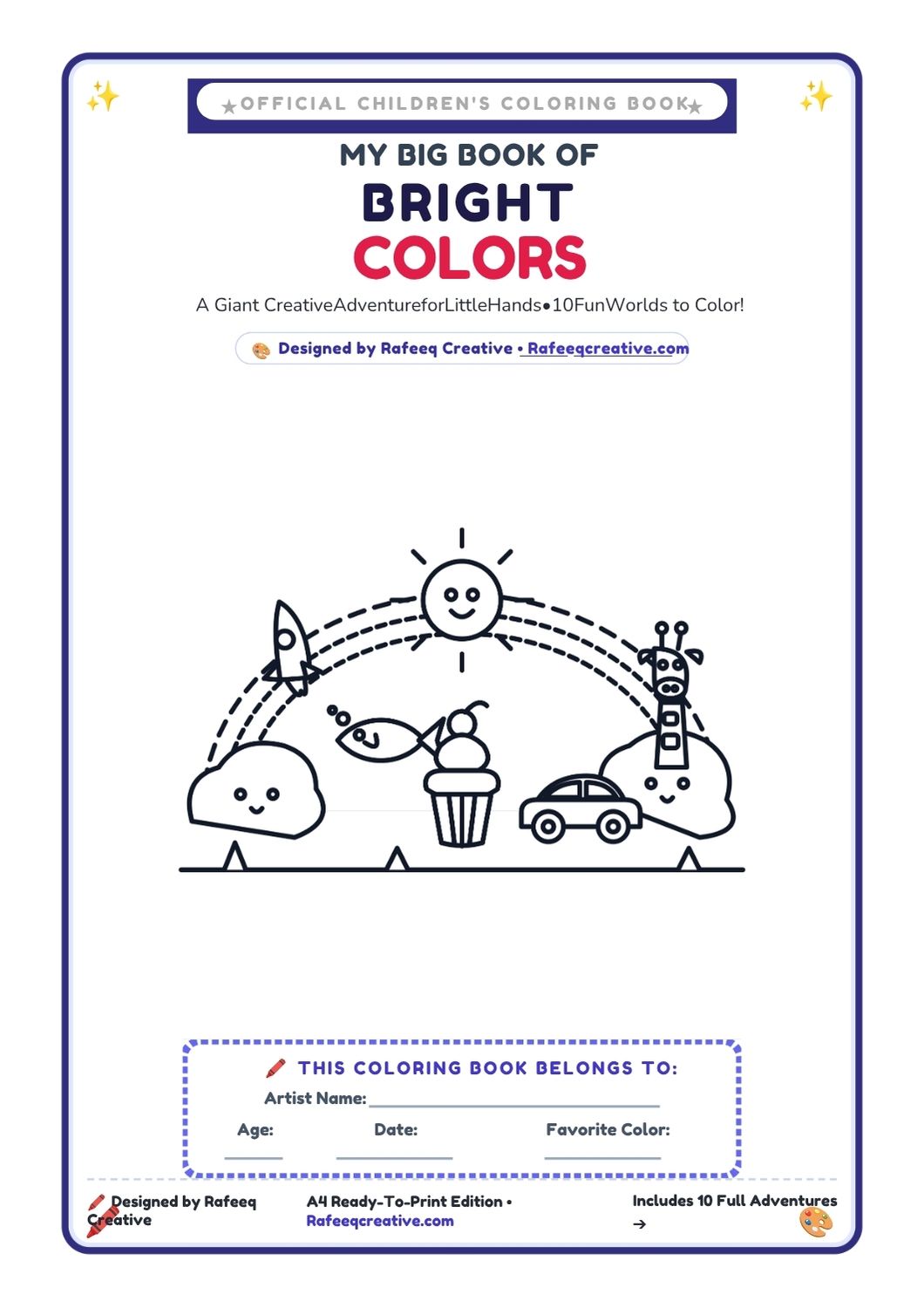 Preview of My Big Book of Bright Colors printable kids coloring book with nature and sunflower activity